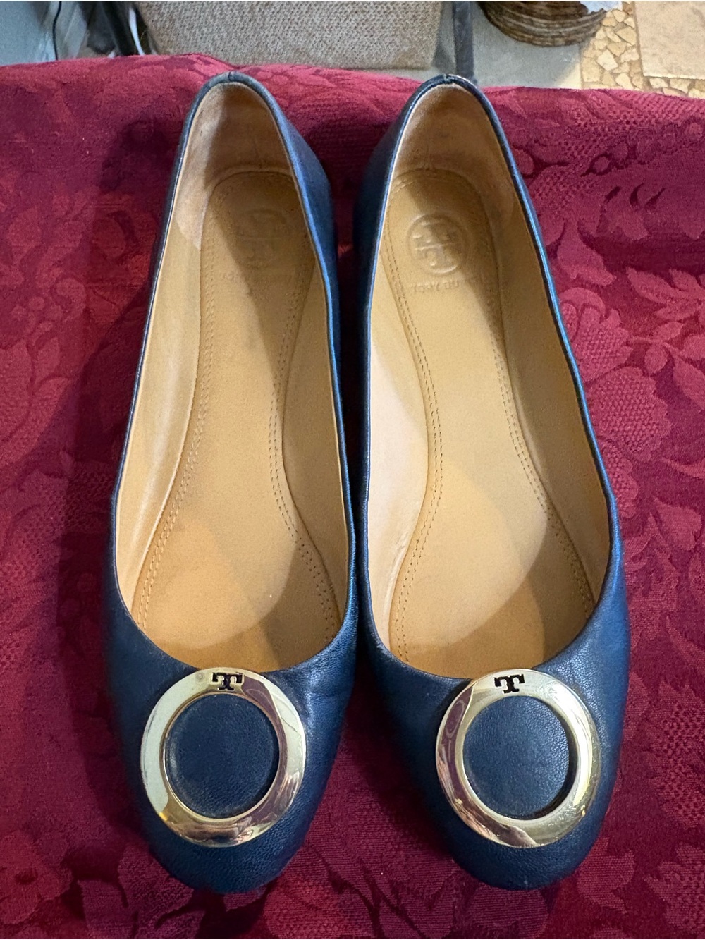 Tory Burch Navy Leather Ballet Flats with Gold Round Logo